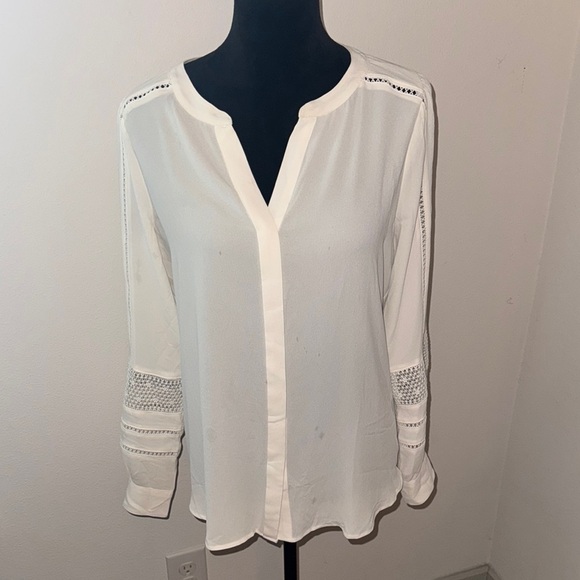 LOFT Lace trim‎ ivory utility blouse long sleeves mandarin collar top Sz M - Picture 2 of 6